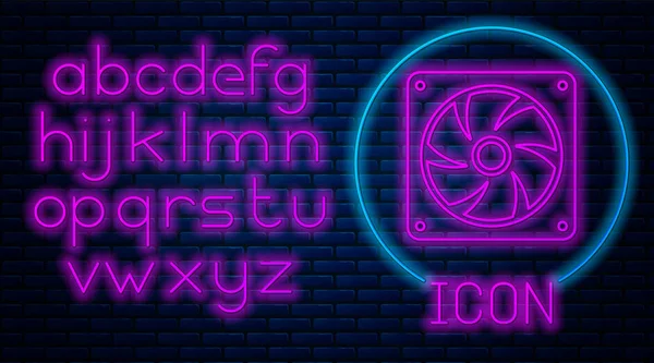 Gloeiende neon computer koeler pictogram geïsoleerd op bakstenen muur achtergrond. PC hardware fan. Neon licht alfabet. Vector illustratie — Stockvector