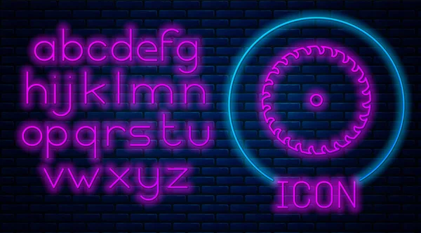 Leuchtende Neon-Kreissägeblatt-Symbol isoliert auf Backsteinwand Hintergrund. Sägeblatt. Neonlicht-Alphabet. Vektorillustration — Stockvektor