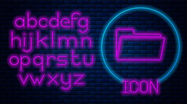 Leuchtende Neon-Ordner-Symbol isoliert auf Backsteinwand Hintergrund. Neonlicht-Alphabet. Vektorillustration — Stockvektor