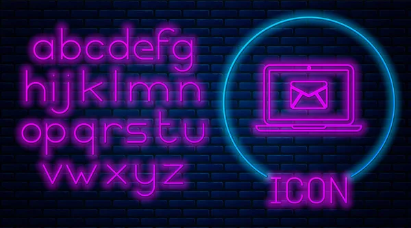 Glowing neon Laptop with envelope and open email on screen icon isolated on brick wall background. Email marketing, internet advertising concepts. Neon light alphabet. Vector Illustration — Stock Vector