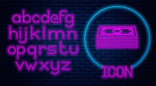 Leuchtende Neon Stacks Papiergeld Bargeld Ikone isoliert auf Backsteinwand Hintergrund. Geldscheine stapeln sich. Bill Währung. Neonlicht-Alphabet. Vektorillustration — Stockvektor