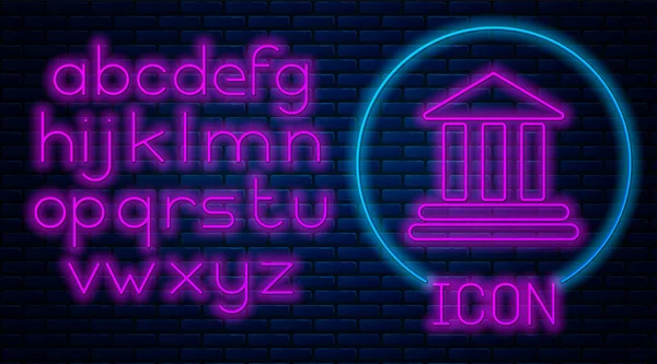 Leuchtende Neon-Gebäude-Ikone isoliert auf Backsteinmauer Hintergrund. Neonlicht-Alphabet. Vektorillustration — Stockvektor