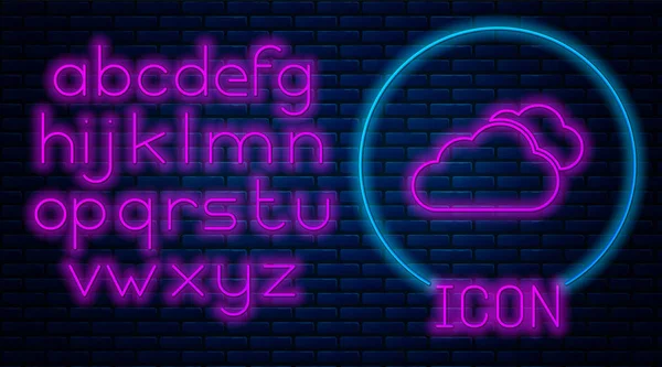 Glowing neon Cloud icon isolated on brick wall background. Neon light alphabet. Vector Illustration — Stock Vector