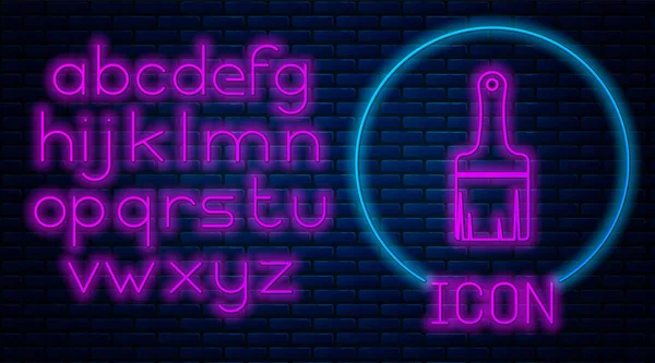 Glowing neon Paint brush icon isolated on brick wall background. Neon light alphabet. Vector Illustration — Stock Vector