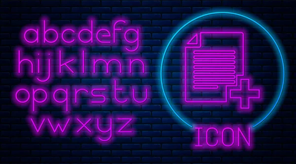 Świecący Neon Dodaj nową ikonę pliku izolowaną na tle muru ceglanego. Skopiuj ikonę dokumentu. Neon światła alfabetu. Ilustracja wektorowa — Wektor stockowy