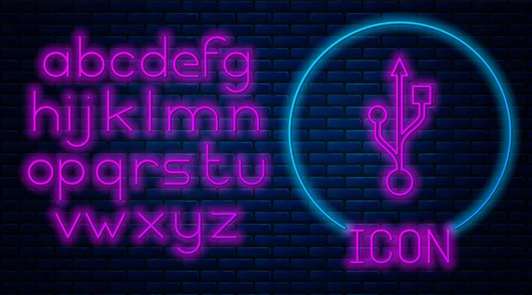 Glowing neon USB symbol icon isolated on brick wall background. Neon light alphabet. Vector Illustration — Stock Vector