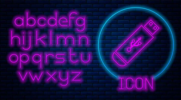 Tuğla duvar arka planda izole parlayan neon Usb flash sürücü simgesi. Neon ışık alfabesi. Vektör İllüstrasyonu — Stok Vektör