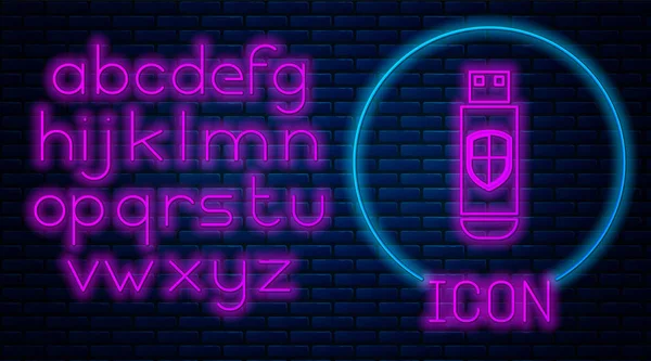 Glowing neon USB flash drive and protection shield icon isolated on brick wall background. Neon light alphabet. Vector Illustration — Stock Vector