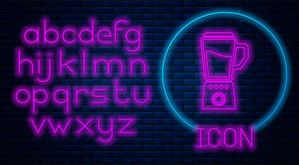 Świecąca Neon ikona Blender izolowane na tle muru ceglanego. Elektryczny stacjonarny Blender kuchenny z miską. Gotowanie koktajli, koktajli lub soków. Neon światła alfabetu. Ilustracja wektorowa — Wektor stockowy