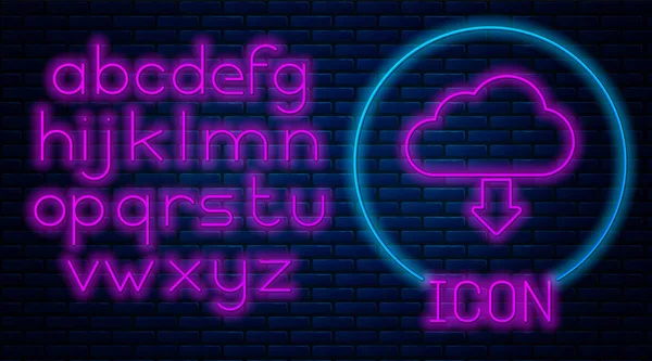 Leuchtende Neon-Wolke Download-Symbol isoliert auf Backsteinwand Hintergrund. Neonlicht-Alphabet. Vektorillustration — Stockvektor