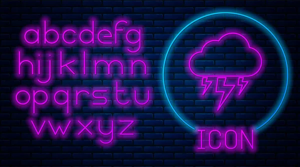 Leuchtende Neon-Sturm-Ikone isoliert auf Backsteinmauer Hintergrund. Wolke und Blitz. Wetter-Ikone Sturm. Neonlicht-Alphabet. Vektorillustration — Stockvektor