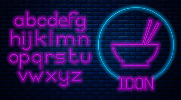 Gloeiende neon Bowl met Aziatisch eten en paar eetstokjes silhouet pictogram geïsoleerd op bakstenen muur achtergrond. Concept van bereiden, Oosterse dieet. Neon licht alfabet. Vector illustratie — Stockvector