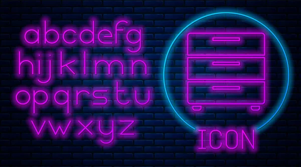 Leuchtende Neon-Möbel Nachttisch-Symbol isoliert auf Backsteinwand Hintergrund. Neonlicht-Alphabet. Vektorillustration — Stockvektor