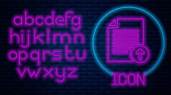 Leuchtende Neon-Upload-Datei-Symbol isoliert auf Backsteinwand Hintergrund. Dateidokument-Symbol. Dokumentenpfeil. Neonlicht-Alphabet. Vektorillustration — Stockvektor