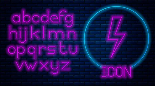 Glowing neon Lightning bolt icon isolated on brick wall background. Flash icon. Charge flash icon. Thunder bolt. Lighting strike. Neon light alphabet. Vector Illustration — Stock Vector