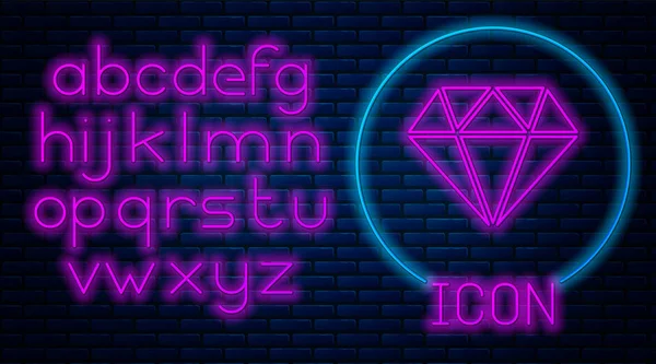 Glowing neon Diamond icon isolated on brick wall background. Jewelry symbol. Gem stone. Neon light alphabet. Vector Illustration — Stock Vector