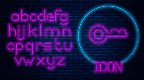 Zářící neonová ikona, izolovaná na pozadí cihlové zdi. Neonová lehká abeceda. Vektorová ilustrace — Stockový vektor