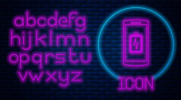 Leuchtende neon Smartphone Akku-Ladesymbol isoliert auf Ziegelwand Hintergrund. Telefon mit einer niedrigen Akkuladung. Neonlicht-Alphabet. Vektorillustration — Stockvektor
