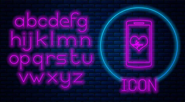 Glowing neon Smartphone with heart rate monitor function icon isolated on brick wall background. Neon light alphabet. Vector Illustration — Stock Vector