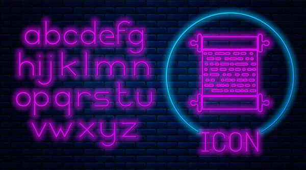 Gloeiende neon papier scroll icoon geïsoleerd op bakstenen muur achtergrond. Canvas scroll teken. Neon licht alfabet. Vector illustratie — Stockvector