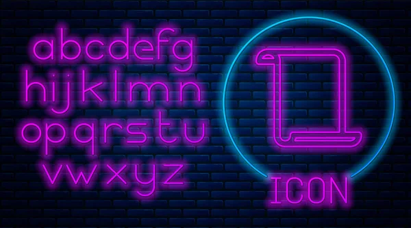 Leuchtende Neon-Papier-Scroll-Symbol isoliert auf Backsteinwand Hintergrund. Leinwandscrollzeichen. Neonlicht-Alphabet. Vektorillustration — Stockvektor