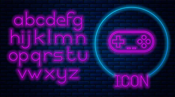 Gloeiende neon gamepad pictogram geïsoleerd op bakstenen muur achtergrond. Spelbesturing. Neon licht alfabet. Vector illustratie — Stockvector