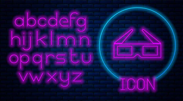 Świecące Neon 3D okulary ikona na białym tle na tle muru ceglanego. Neon światła alfabetu. Ilustracja wektorowa — Wektor stockowy