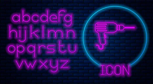 Glödande Neon borrmaskin ikon isolerad på tegelvägg bakgrund. Neonljus alfabetet. Vektor illustration — Stock vektor