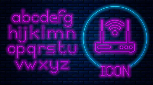 Glowing neon Router and wi-fi signal symbol icon isolated on brick wall background. Wireless ethernet modem router. Computer technology internet. Neon light alphabet. Vector Illustration — Stock Vector