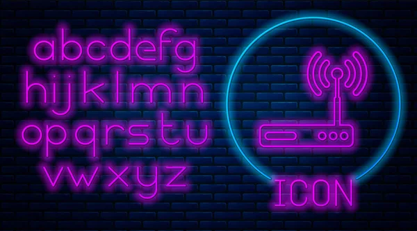 Gloeiende neon router en Wi-Fi-signaal symbool pictogram geïsoleerd op bakstenen muur achtergrond. Draadloze Ethernet-modem router. Computer technologie internet. Neon licht alfabet. Vector illustratie — Stockvector