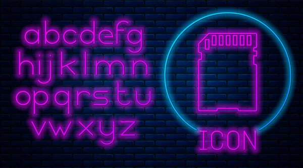 Glowing neon SD card icon isolated on brick wall background. Kartu memori. Ikon adaptor. Alfabet cahaya neon. Ilustrasi Vektor - Stok Vektor