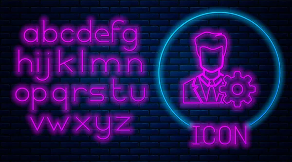 Glowing neon Profile settings icon isolated on brick wall background. User setting icon. Profile Avatar with cogwheel. Account icon. Male person silhouette. Neon light alphabet. Vector Illustration — Stock Vector