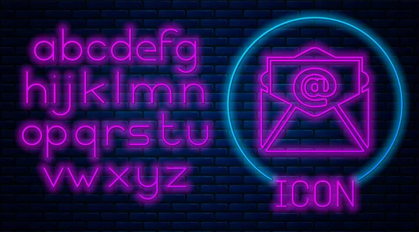 Glowing neon Mail and e-mail icon isolated on brick wall background. Envelope symbol e-mail. Email message sign. Neon light alphabet. Vector Illustration — Stock Vector