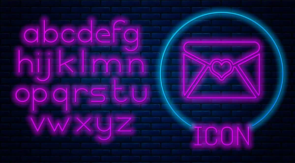 Glowing neon Envelope with Valentine heart icon isolated on brick wall background. Letter love and romance. Neon light alphabet. Vector Illustration — Stock Vector