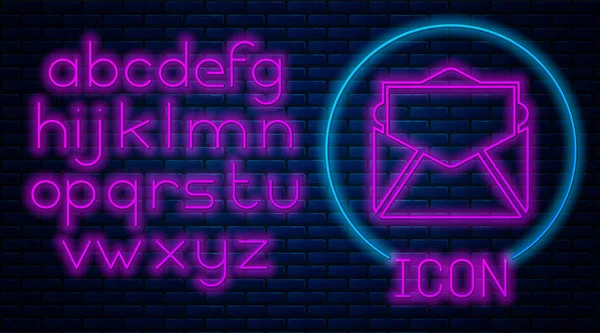 Świecące Neon mail i ikona e-mail izolowane na tle muru ceglanego. Symbol koperty e-mail. Znak wiadomości e-mail. Neon światła alfabetu. Ilustracja wektorowa — Wektor stockowy