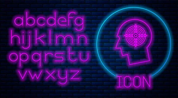 Glowing neon Head hunting concept icon isolated on brick wall background. Business target or Employment sign. Human resource and recruitment for business. Neon light alphabet. Vector Illustration — Stock Vector