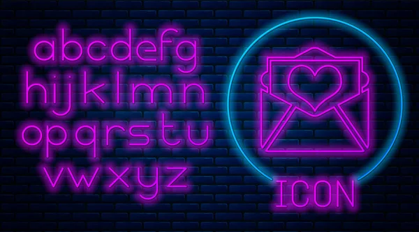 Gloeiende neon envelop met Valentijn hart pictogram geïsoleerd op bakstenen muur achtergrond. Letter liefde en romantiek. Neon licht alfabet. Vector illustratie — Stockvector