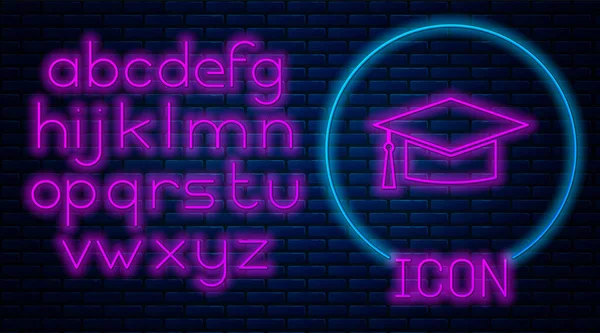 Glowing neon Graduation cap icon isolated on brick wall background. Graduation hat with tassel icon. Neon light alphabet. Vector Illustration — Stock Vector