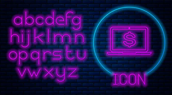 Gloeiende neon laptop met dollar symbool pictogram geïsoleerd op bakstenen muur achtergrond. Online Shopping concept. Economy concept. Neon licht alfabet. Vector illustratie — Stockvector