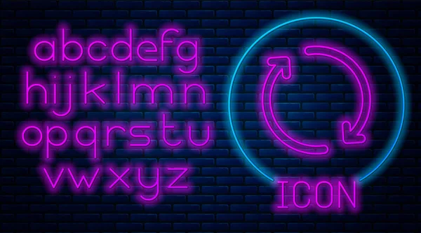 Izzó neon frissítés ikon izolált téglafal háttérben. Reload szimbólum. Elforgatás nyilak egy kört jel. Neonfény ábécé. Vektoros illusztráció — Stock Vector