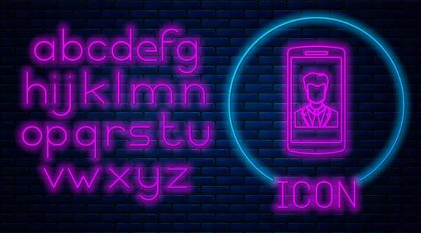 Izzó neon Smartphone-val kapcsolat-ra képernyő ikon elszigetelt-ra tégla fal háttér. Bejövõ hívást. Ember a telefon képernyőjén. Névjegy hívása. Neonfény ábécé. Vektoros illusztráció — Stock Vector