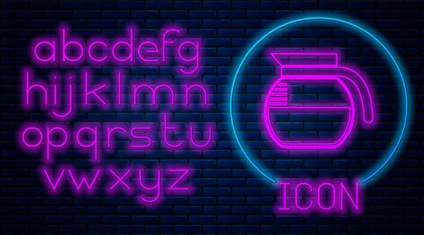 Glowing neon Coffee pot icon isolated on brick wall background. Neon light alphabet. Vector Illustration — Stock Vector