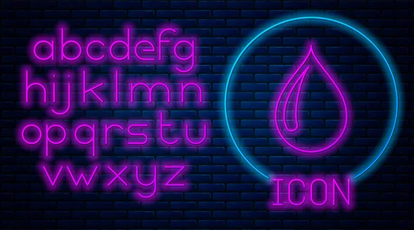 Glowing neon Water drop icon isolated on brick wall background. Neon light alphabet. Vector Illustration — Stock Vector