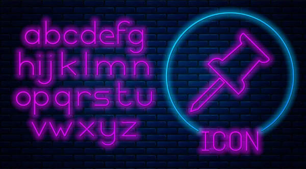 Leuchtende Neon-Push-Pin-Symbol isoliert auf Ziegelwand Hintergrund. Daumen drücken. Neonlicht-Alphabet. Vektorillustration — Stockvektor