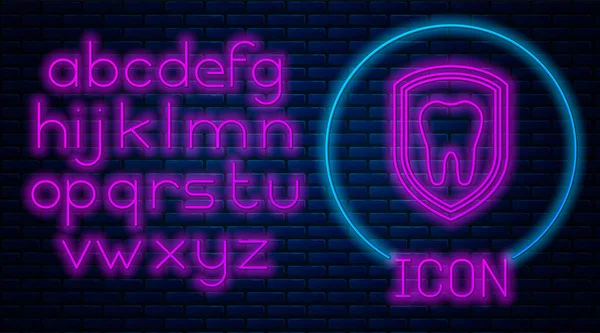 Leuchtendes neonfarbenes Zahnschutzsymbol isoliert auf Backsteinwand-Hintergrund. Zahn auf Schild-Logo-Symbol. Neonlicht-Alphabet. Vektorillustration — Stockvektor