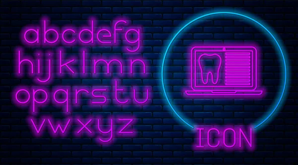 レンガの壁の背景に隔離された歯科カードまたは忍耐強い医療記録のアイコンが付いている輝くネオンのラップトップ。歯科保険歯科医院の報告書ネオンライトアルファベット。ベクトルイラストレーション — ストックベクタ