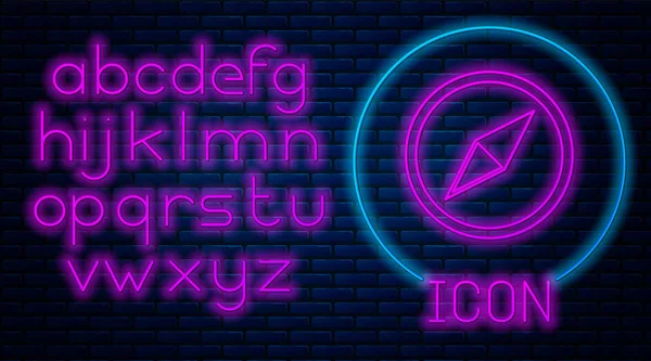 Świecąca Neon Róża wiatr ikona izolowane na tle muru ceglanego. Ikona kompasu dla podróży. Projekt nawigacji. Neon światła alfabetu. Ilustracja wektorowa — Wektor stockowy