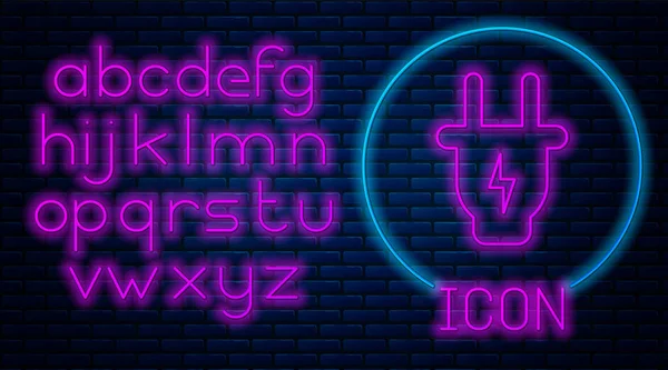 Glowing neon Electric plug icon isolated on brick wall background. Concept of connection and disconnection of the electricity. Neon light alphabet. Vector Illustration — Stock Vector