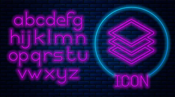 Leuchtende Neon-Schichten sind isoliert auf Backsteinwänden zu sehen. Neonlicht-Alphabet. Vektorillustration — Stockvektor