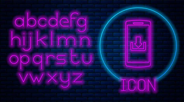 Leuchtende Neon-Smartphone mit Download-Symbol isoliert auf Ziegelwand Hintergrund. Neonlicht-Alphabet. Vektorillustration — Stockvektor